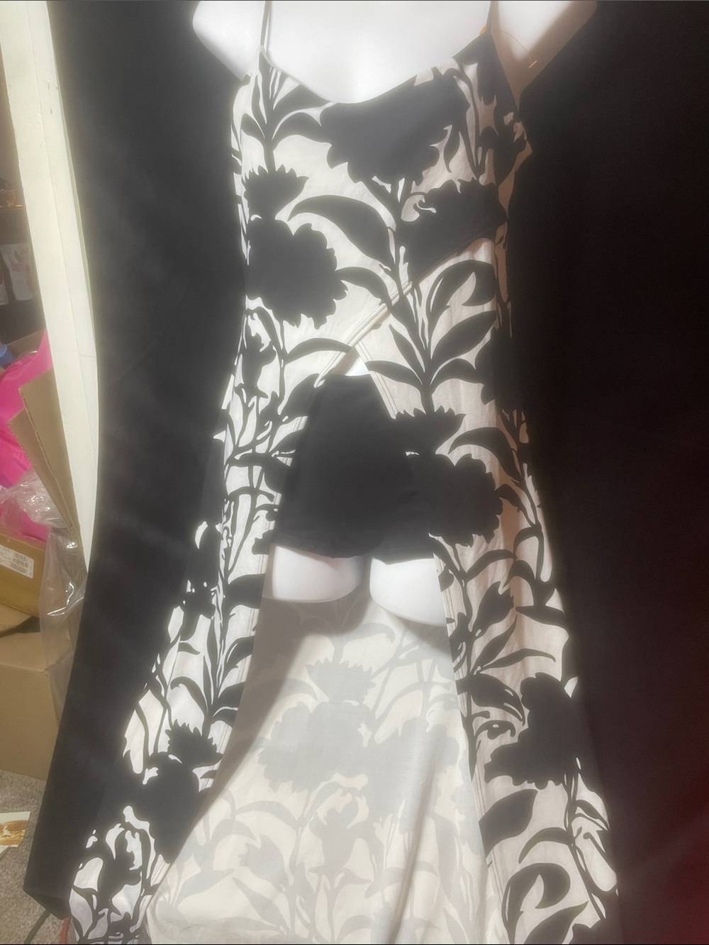 VENUS Black and White Floral High-Low Slip Dress